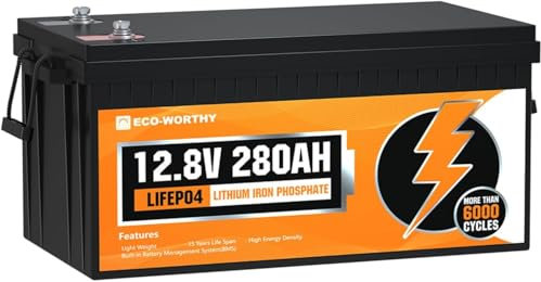 ECO-WORTHY Bateria Litio 280Ah 12V LiFePO4 con rotección de baja temperatura, 6000+ ciclos profundos con 3584Wh de energía, para autocaravana, caravana, panel solar, camping