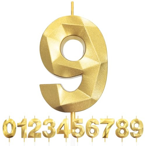 Geburtstagskerzen Zahlen 9, 5cm 3D Gold Geburtstagskerzen, Kerzen Geburtstag, Zahlenförmige Kerze, Tortendeko Geburtstag für Geburtstag Party, Hochzeiten, Jubiläen, Birthday Candle Nummer 9