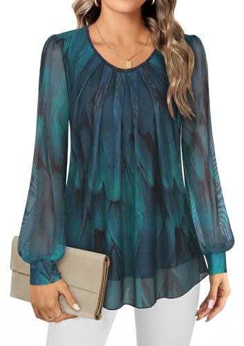 Gemulate Women's Blouses Ladies Long Sleeve Tops Chiffon Tops for Women UK Crew Neck Pleated Front Loose Fit Ladies Top Flowy Double Layered Mesh Shirts M-3XL