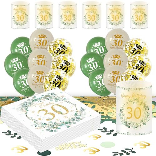 Deko 30. Geburtstag Frau Mann, Eukalyptus 30th Happy Birthday Decorations Servietten+Windlicht Tischdeko+Konfetti+Luftballon Grüne Gold, 30 Geburtstag Deko Männer Frauen (30th Birthday Tischdeko)