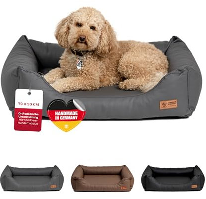 HS-Hundebett® Kuschelbett Deluxe Kunstleder M (70x90 cm) – Orthopädisches Hundebett, Memory Foam & Anti-Rutsch – Waschbar – Anthrazit, Made in DE