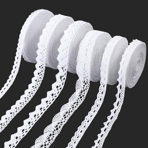 HJZHII 27 Meter Spitzenband Weiß, 4,5 Meter/Rolle, 6 Rollen Spitzenband Wachteleier Deko Spitzenstoff Geschenkband Stoff Stoffband Bänder Zum Basteln DIY Nähen Handwerk Hochzeit Deko