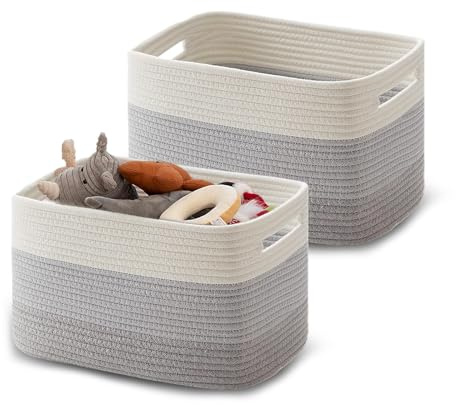 MerwDeeyt 2Pcs Large Cotton Rope Storage Basket 38x25x23cm Gradient Grey | Woven Organizer, Cotton Rope Woven Basket with Handles, Cloth Storage Baskets, for Living Room, Bathroom