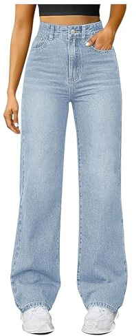 Wide Leg Jeans for Women UK Elasticated High Waist Flare Denim Trousers Baggy Stretch Straight Leg Jeans Loosefit Y2K Slim Fit Boyfriend Denim Pants Jeggers Streetwear with Pockets (Light Blue-a, M)