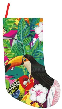 UENFFKDAP Chaussettes de Noël avec imprimé oiseaux tropicaux et feuilles de plantes - 45,7 cm - 1 pièce - Pour décoration de sapin de Noël