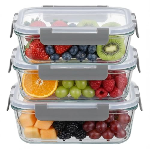 OFFASST Lot de 3 Lunch Box et Boîtes Alimentaires en Verre (370 ml) - Hermétiques et Sans BPA avec Couvercle - Compatible Micro-ondes, Congélation, Lave-vaisselle - Pour Meal Prep