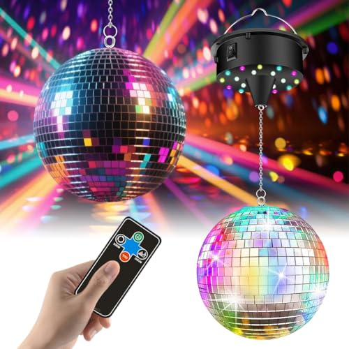 Discokugel mit Motor,Spiegelkugel Drehmotor,Einstellbare 5/8/10/15 U/min mit 15,2 cm Silber Spiegelkugel und 4 Farblichter, 18 LED-Perlen, Fernbedienung für Partys,Disco-Lichteffekte