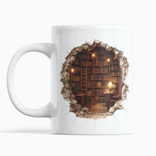 Gift Island Lirbary 3D Mug Bookshelf - Book loversgft - Stack of Books - Present for Librariand and Bookwarm - for Women and Men - Coworkers - Secret Santa Gift 11oz Coffee Cup