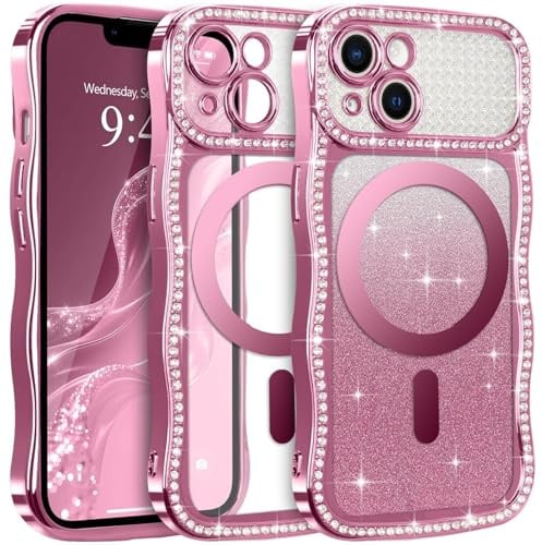 Niokfrci Handyhülle für iPhone 14/iPhone 13 Hülle Plating Magnetic Glitter Wellenform für MagSafe, Lockige Wellen Pailletten Design, Stoßfest Schutzhülle für Mädchen Damen Cover für iPhone 14/13, Rose