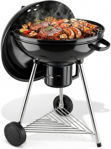 TLSUNNY Kugelgrill Ø 57 cm, Holzkohlegrill/Porzellanemaillierter Deckel und Kessel, 55 cm Grillfläche, H97 cm, Grill Holzkohle für Camping, mit abnehmbaren Aschekasten, Dreibein-Ständer und 2PCS Räder