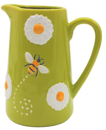 XL Dekovase, Kannenvase, Blumenvase, Frühlingsvase, Keramikvase, Tischvase, Vase mit Bienen und Mageriten, Vase mit Bienen Dekor aus Keramik mit Griff in Kannenform, in grün, L/B/H 20 x 12 x 19 cm.