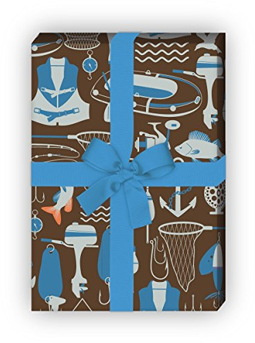Modernes Angler Geschenkpapier Set (4 Bogen) Dekorpapier mit Reusen, Angelhaken für liebe Geschenkverpackung zur Taufe, Geburt, Ostern, Geburtstag, Hochzeit, Weihnachten (32 x 48cm), in braun blau