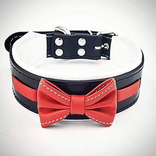 Bestia Bowtie Hundehalsband. Handgemacht aus hochwertigem Leder. | Größe L- 50 bis 57,5 cm Halsumfang, für große und mittelgroße Hunde, Schwarz / Rot / Weiss, 5 cm breit