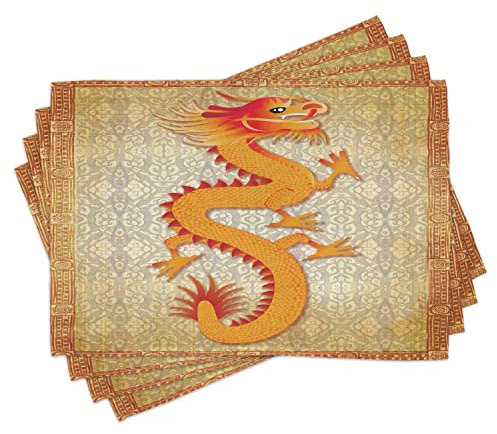 ABAKUHAUS Drachen Platzmatten, Chinese Folk-Elemente, Waschbare Stoff Esszimmer Küche Tischdekorations Digitaldruck, Aprikose Orange