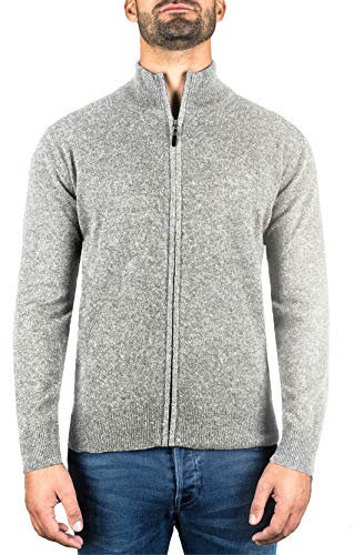 CASH-MERE.CH 100% cashmere, cardigan da uomo con chiusura lampo, a 2 fili, grigio., L