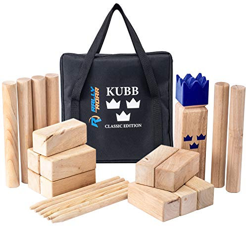 Rally and Roar Klassisches, langlebiges Gummibaumholz Kubb Hinterhof-Wurfspiel-Set mit Tragetasche und Aufbewahrungstasche