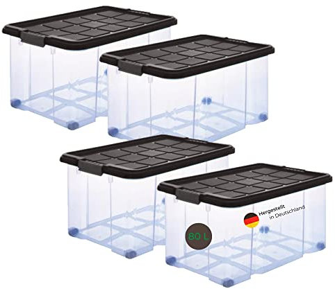 Novaliv 4x Plastikboxen mit Deckel Rollen 80l 61x40x46 transparent Grau Anthrazit Maxi Boxen Aufbewahrung Eurobox Rollbox Plastikbox plastic containers shoe box