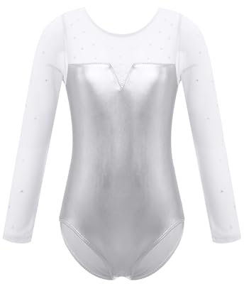 Agoky Langarm Turnanzug für Mädchen Spleiß Gymnastikanzug aus Glitzer Stoff Glanz Leotards Trikot Tanz Body Overalls gr.92-164 Silber 146-152