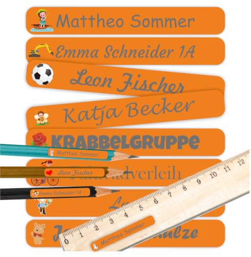 INDIGOS UG - Namensaufkleber Kinder Schule orange - 60 Sticker - 5 x 1,5cm - Namensschilder personalisiert für KITA, Kindergarten - Aufkleber selbst gestalten - Stifte, Hefte, Federmappe