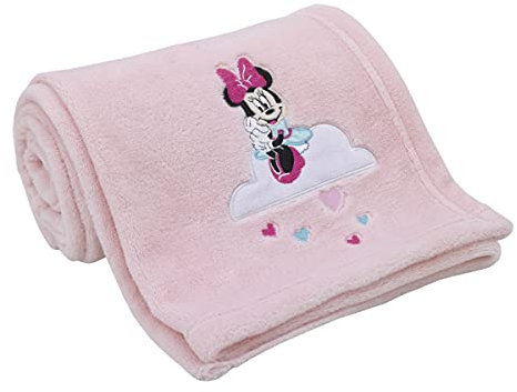 Disney Minnie Mouse Be Happy Pink, Aqua & White Super Soft Baby Blanket with Cloud Applique, Pink, White