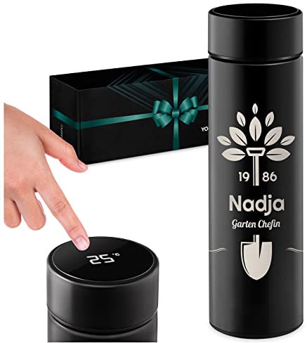 Maverton Thermobecher Kaffeebecher 450 ml - Isolierbecher personalisiert - 100% dicht - Led Temperatur Anzeige - aus Edelstahl - Geschenk für Frauen - schwarz - Garten