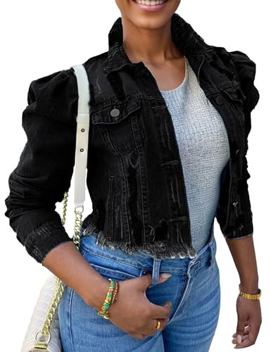 SeekMe Women's Long Puff Sleeve Cropped Jean Coat Short Ripped Denim Trucker Jackets - black - XL