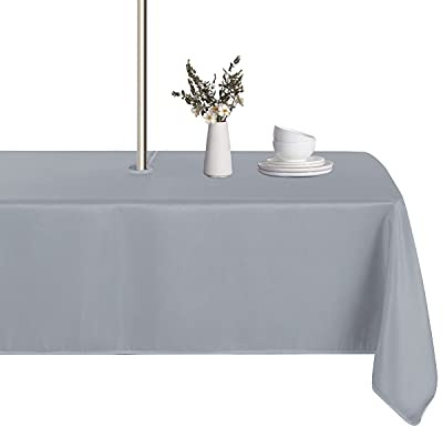 LUSHVIDA Outdoor Tablecloth Rectangle with Parasol Hole and Zipper Closure, Waterproof Liquid Resistant Wrinkle Resistant Washable Spring Summer Tablecloth 60x102 Silver