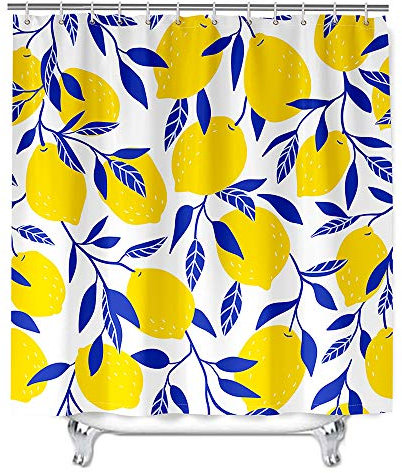 Meiju-shop Rideau de Douche Imperméable Anti Moisissure, Rideaux de Douche en Tissu Polyester, Rideau de Salle de Bain avec 12 Crochets, Fruits 3D, Citron, 90x180cm