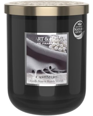 HEART & HOME - Duftkerze auf Basis von natürlichem Sojawachs für Zuhause – großes Kaschmir-Glas – 75 Stunden Brenndauer – Geschenk, Dekoration und Duft für Zuhause – Glas