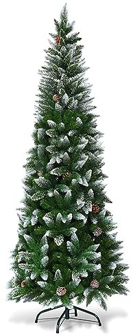 COSTWAY Albero di Natale Innevato 180/220 cm, Albero di Natale Slim con Pigne, Base di Metallo e Rami Rigogliosi in PVC, Albero di Natale per Casa, Ufficio e Negozio (220 cm)