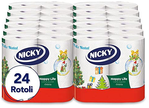 Nicky Happy Life Christmas - Papel de 2 capas para cocina, 24 rollos de 100 lágrimas, fácil apertura, 4 decoraciones navideñas diferentes, duradero y absorbente, papel FSC