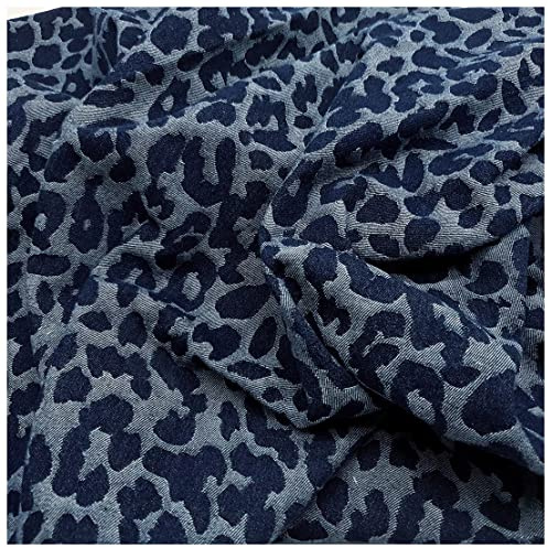 Gewaschener Denim Jeansstoff Mit Leopardenmuster 150cm Breiter Non-stretch Jacquard Kleidungsstoff zum Nähen, Basteln, Kleidung, Dekoration(Size:50cm,Color:Dunkelblau)