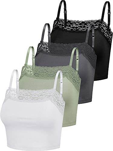 Bencailor 4 Pcs Women's Lace Camisole Spaghetti Strap Lace Bralettes Crop Tops Half Cami Top Lace Bandeau Tank Tops (Black, Dark Gray, Green, White,Large)