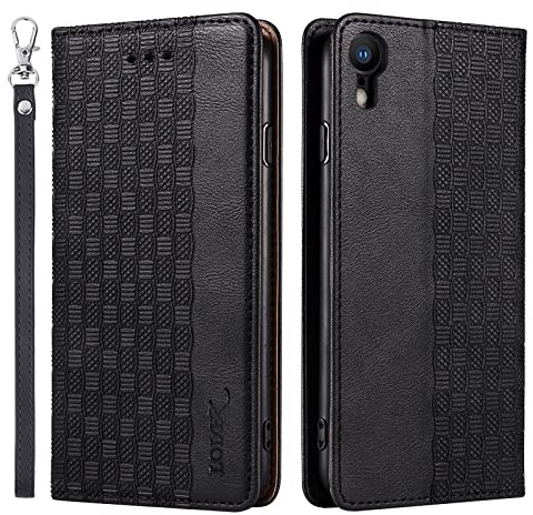 LOLFZ Coque Étui Portefeuille à Rabat en Cuir avec Emplacements pour Cartes et Dragonne, Étui de Protection Magnétique pour Apple iPhone XR – Noir