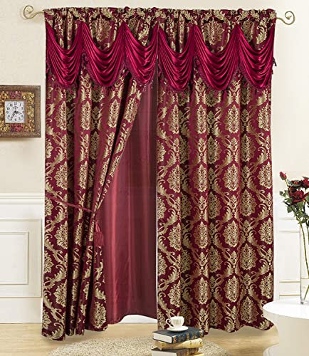 DreamField Linen Tende per finestre in jacquard per soggiorno e camera da letto, 137 x 213 cm (larghezza x lunghezza), set di 2 pannelli con mantovana attaccata, retro e 2 fermatende, colore bordeaux
