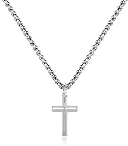 REVEMCN Black Gold Silver Cross Necklace for Boys Stainless Steel Mens Cross Pendant Chain Necklace for Men Women Religious Jewelry Gifts for Boys Girls Chain 16-24 Inches (18 inches, Silver - 0.8'' × 0.5'' beveled cross pendant)