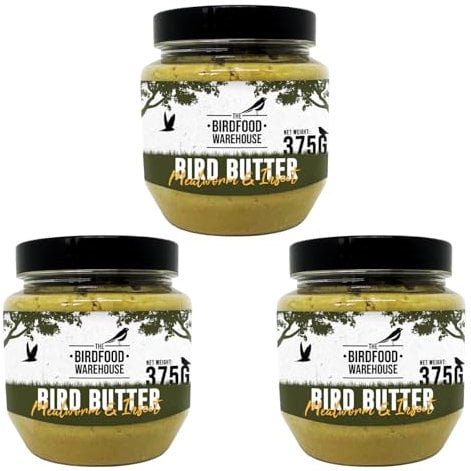 The Birdfood Warehouse Mealworm & Insect Bird Butter 375g, 3 Pack with Feeder, Wild Bird Food, Peanut Butter for Birds, Yellow