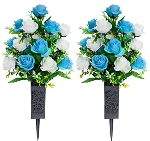 LVXINLI Künstliche Friedhofsblumen, Gedenkblumen, schöne Arrangements für Grabsteine, schwarze Kunststoffvase mit Drainageloch, lange Spikes, Outdoor-Gedenkstätten (blau und weiß), 2 Sets