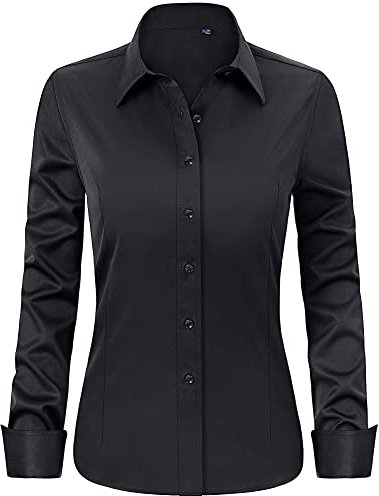 J.VER Black Shirts for Women Long Sleeve Fitted Stretch Button Down Dress Shirt Work Office Business Casual Formal Blouse Shirts S