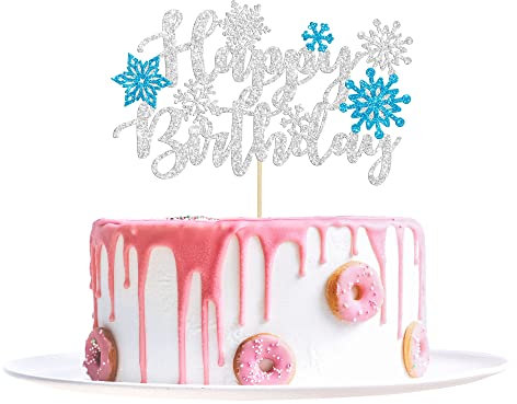 1Pcs Snowflake Happy Birthday Cake Topper Winter Wonderland Happy Birthday Frozen Birthday Cake Topper Decoration Snowflake Winter Wonderland Birthday Party Supplies Blue