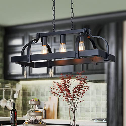 WUZUPS 3-light metal pot colgante rack araña lineal colgante techo iluminación rústica granja granja accesorio cocina isla comedor, h25 x l63 x w30, e27 base, negro