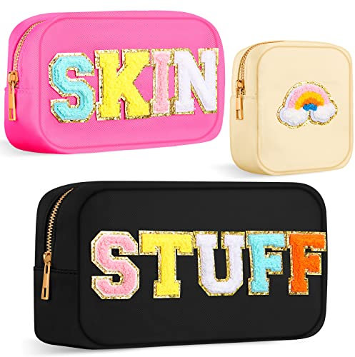 Silkfly Make-up-Tasche, Chenille, Buchstaben, Nylon, Kosmetiktaschen, Organizer, Reisetaschen-Set für Damen, Regenbogen, Schwarz, Rosenrot, Beige, 3 Stück