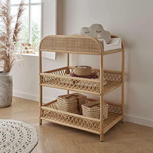 Aria Rattan Baby Changing Unit, Nappy Changing Table with 3 Shelves | Open Storage Station, Handmade Nursery Furniture
