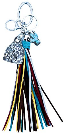 Western Cow Ear Tag Initial A-Z Keychain Bag Charm with Multi Color Tassel and Cactus Charm, A, One Size
