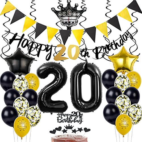 Luftballons 20 Geburtstag Deko Mann Frauen, Banner 20 Geburtstag Girlande Deko 20. Geburtstag Frau Tortendeko 20. Geburtstag Mann Schwarz Gold Geburtstagsdeko 20 jahre Mann Frau Ballons