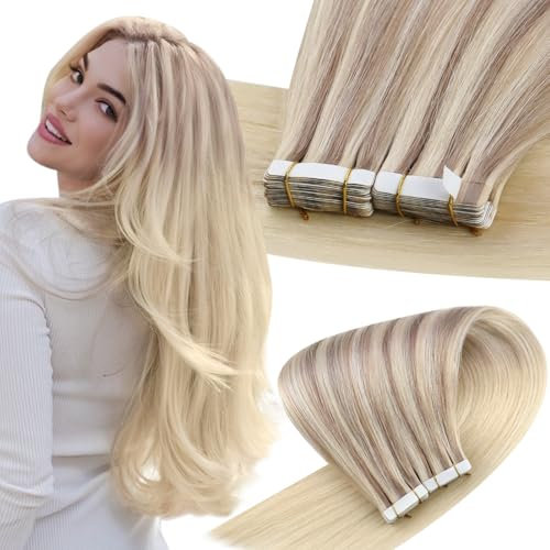 Easyouth Tape on Extensions Echthaar Remy Tape in Echthaar Extension Farbe Aschblond Mix Mittelblond und Platinblond 55 cm 50g Echthaar Tape in Extensions #18/22/60