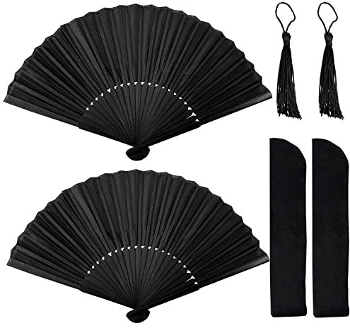 2pcs Black Hand Fan, Foldable Hand Fan, Summer Fan Folding Fan, Chinese Style Wedding Hand Fan With 2pcs Fan Storage Bag, 2pcs Black Tassel Accessories