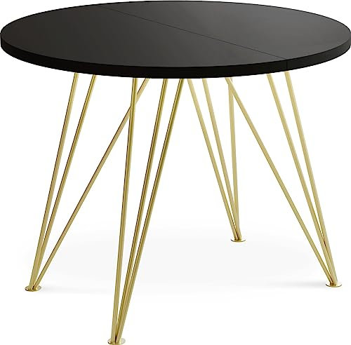 WFL GROUP Runder Ausziehbarer Esstisch - Loft Style Tisch mit Goldenen Metallbeinen - 120 bis 200 cm - Industrieller Glamour Tisch für Wohnzimmer - Spacesaver - Schwarz - 120 cm