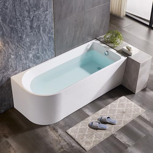 Vasca da bagno angolare stondato lato sinistro 75x170 cm in acrilico bianco lucido con troppo pieno e scarico incluso, CORINNE