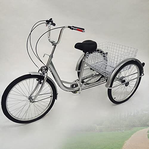 CCAUUB Triciclo de 24 pulgadas, 6 velocidades, bicicleta de 3 ruedas con cesta grande, para exteriores, compras, ocio, picnic, para mujeres/hombres/ancianos (plata, con luz)